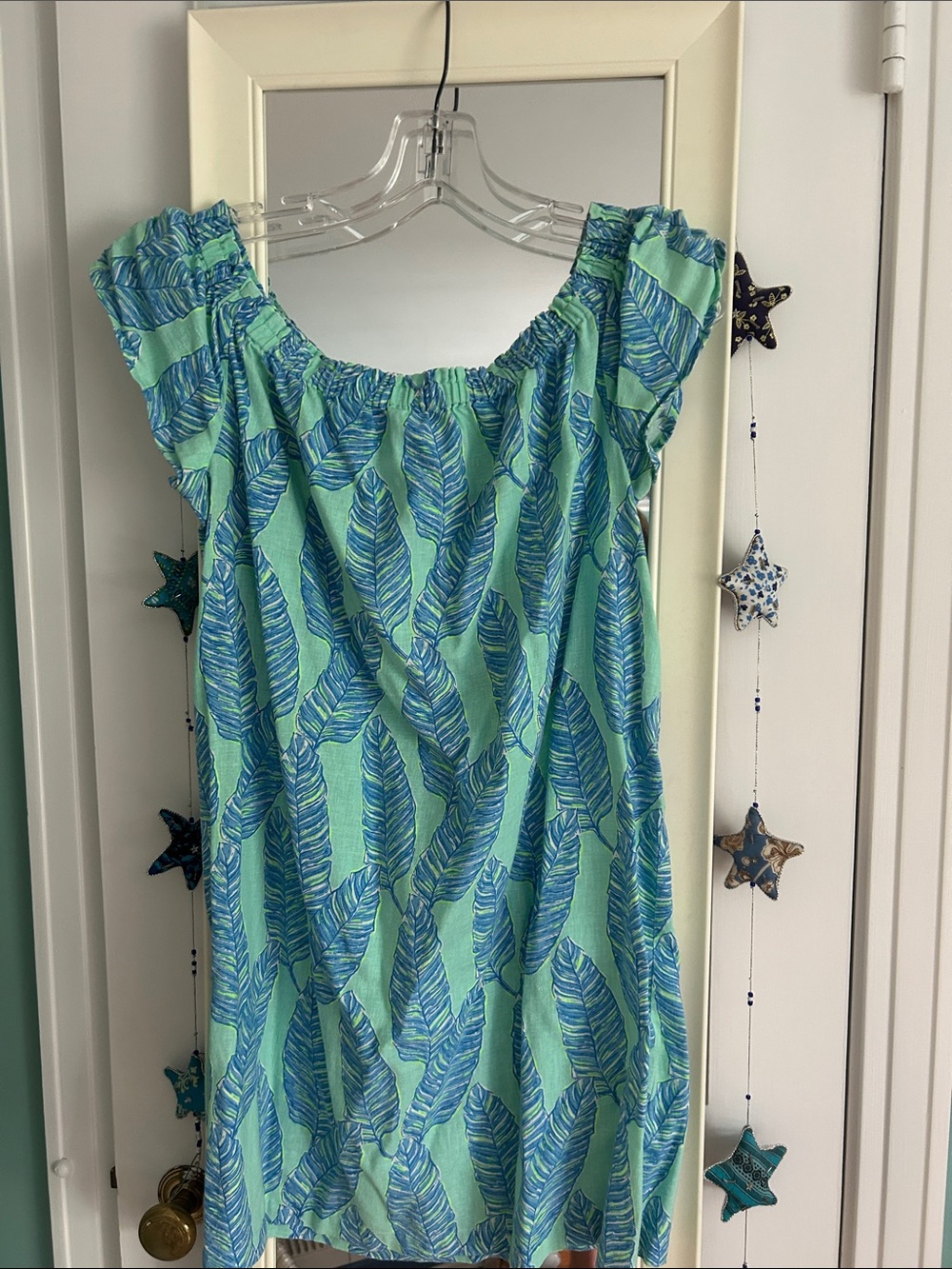 Vineyard vines Tropical Leaf Print Off-Shoulder Dress in Aqua and Blue Small